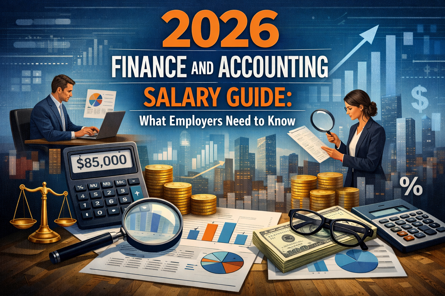 2026 finance and accounting salary guide illustration with accountants, calculator, charts, and salary figures